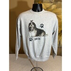Jerzees Shih Tsu Paw Prints 2 Sided Graphic Print Grey Sweatshirt Unisex Size M